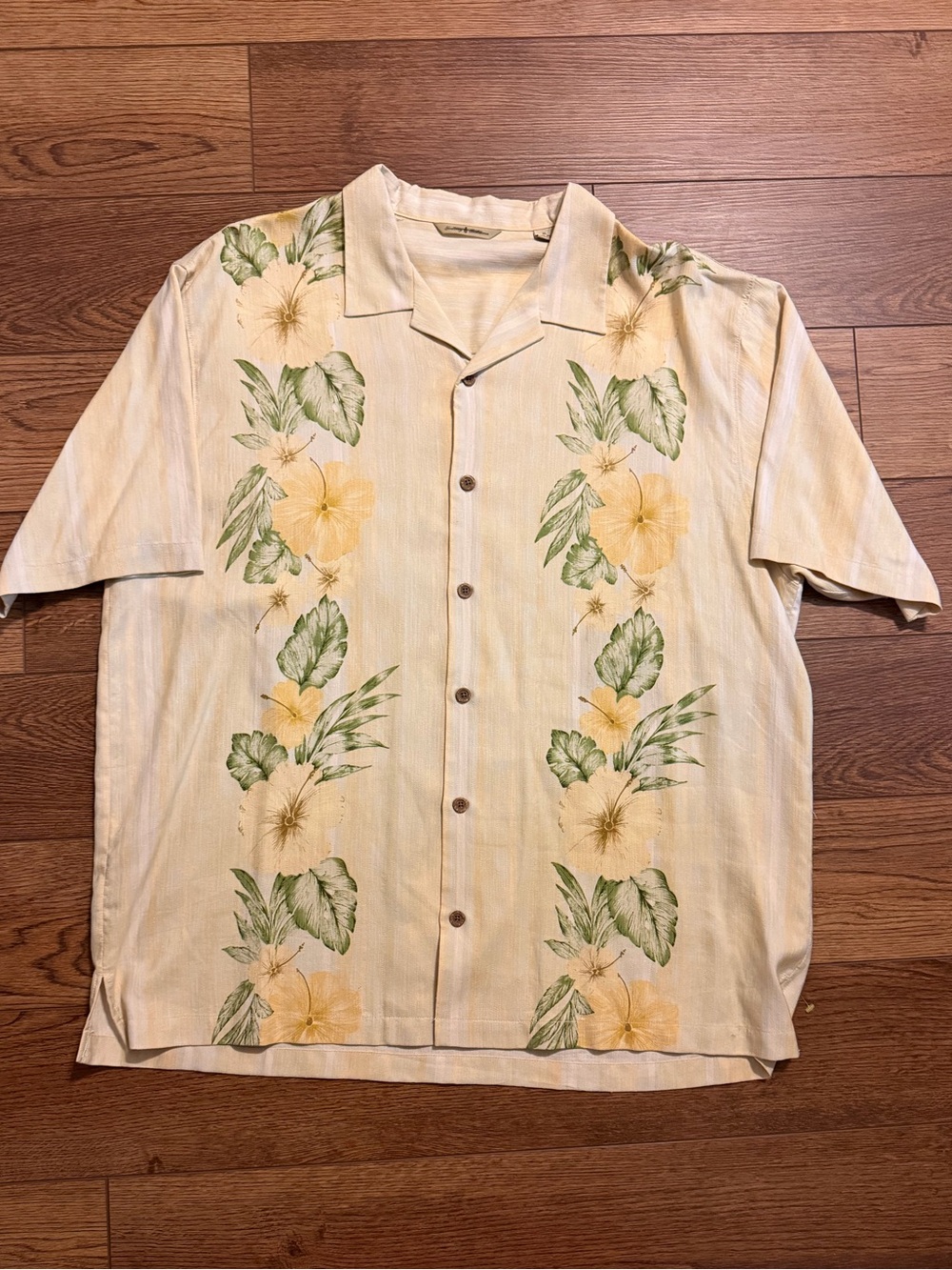 Tommy‎ Bahama Mens XL Silk Camp Shirt Yellow Hibiscus Floral Striped T32210